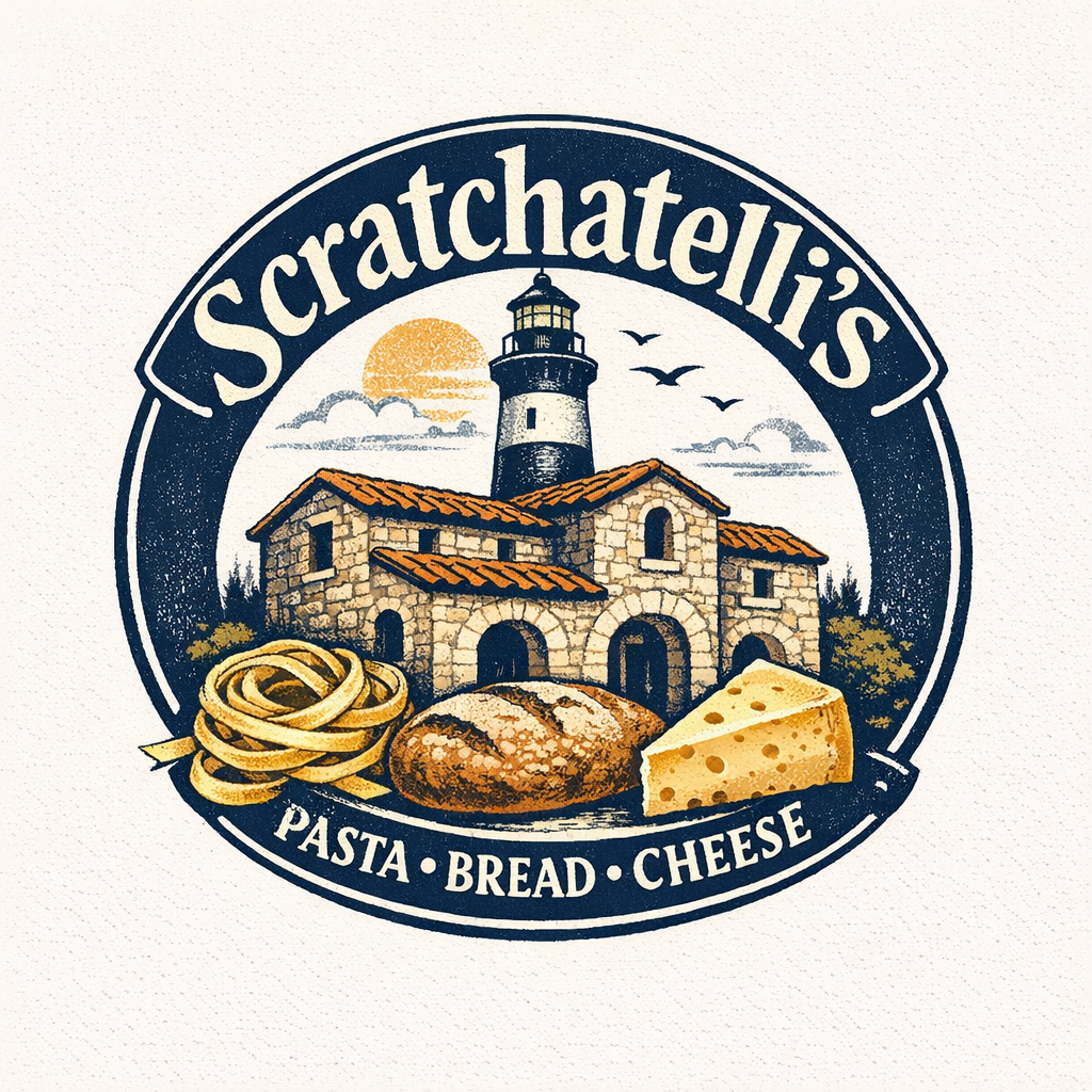 Scratchatelli's logo featuring a stone building, lighthouse, pasta, bread, and cheese